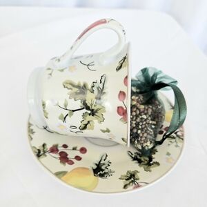 Teacup and Saucer Apples Gold Trim Bird Feeder With Small Bag Of Birdseed